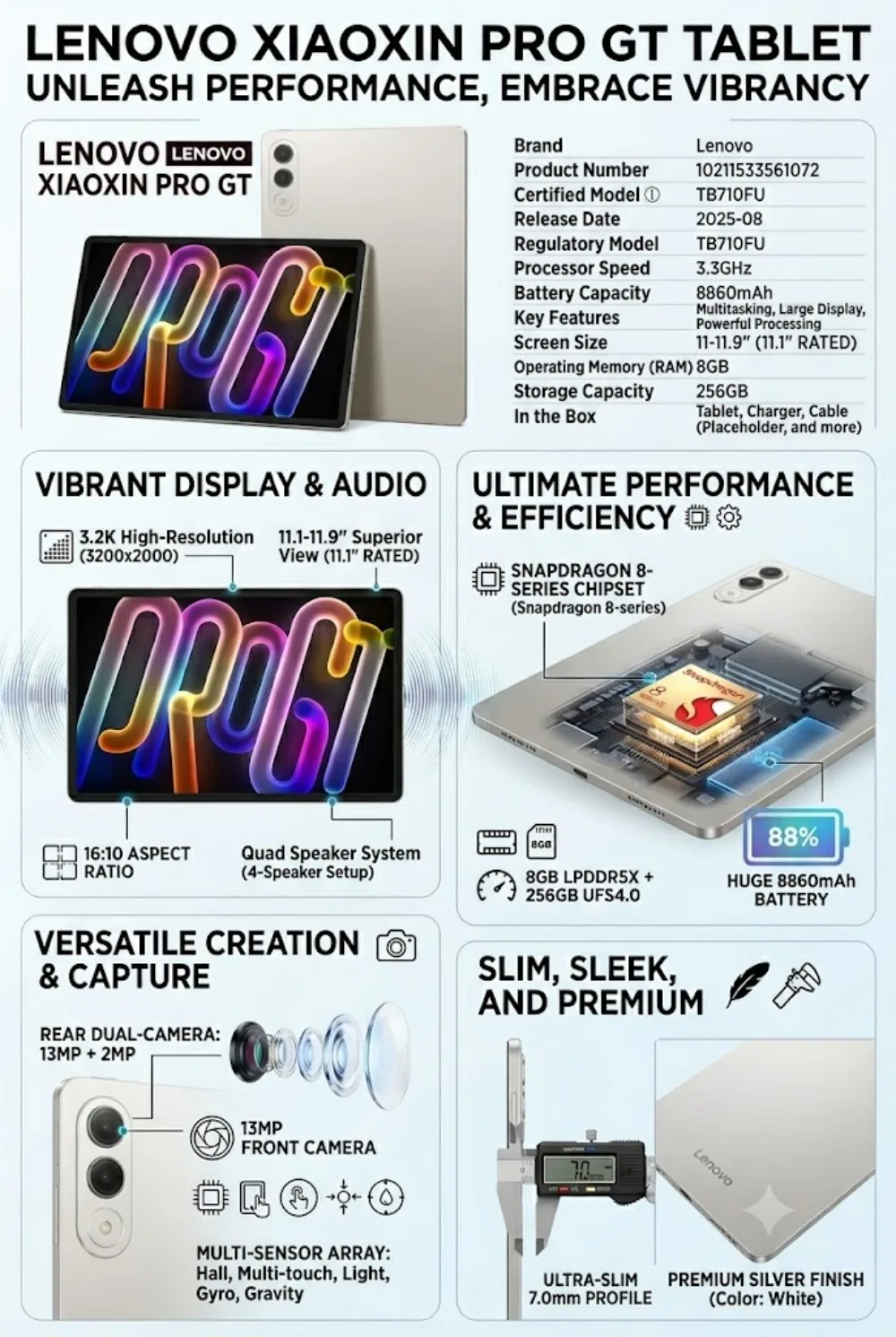 Lenovo Xiaoxin Pad Pro GT 11.1" Tablet Snapdragon 8 Gen 3 144Hz 3200x2000 8860mAh 68W Dolby Vision Gorilla Glass UFS 4.0 CN ROM
