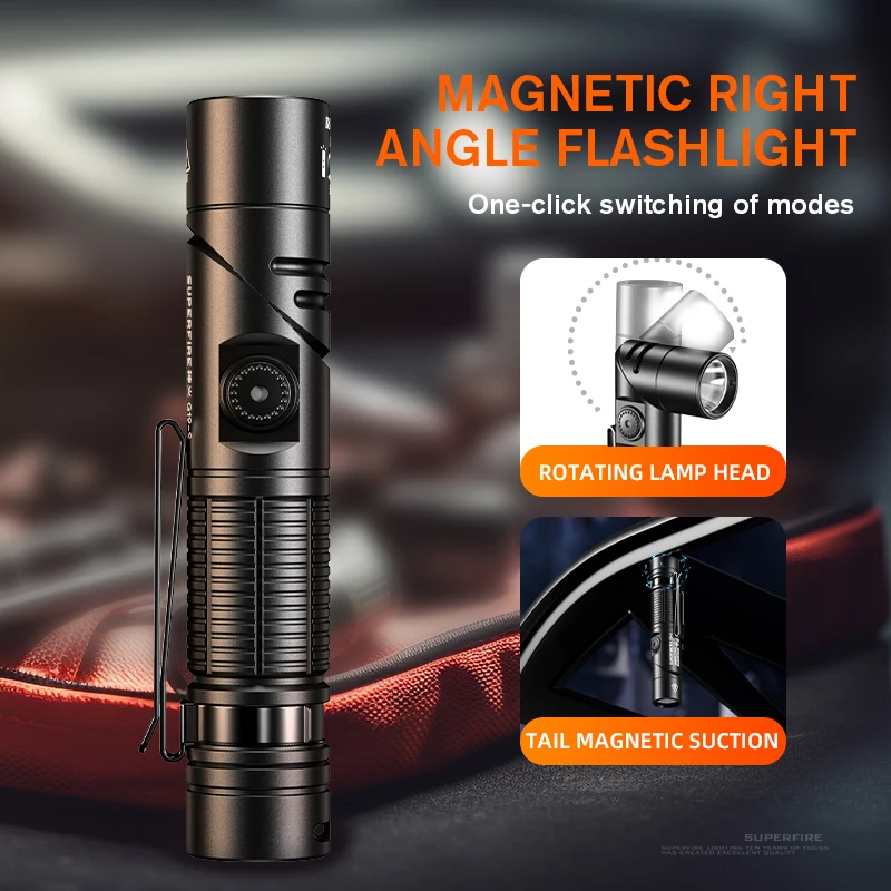 SUPERFIRE G19-S Magnetic Rechargeable Flashlight with Magnet Adjustable Base Magnetic tail design 90°adjustable angle Head Lamp