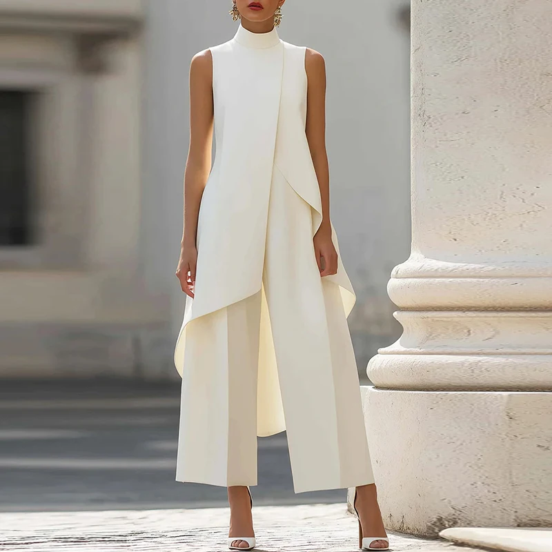 Neues Elegantes Zweiteiler-Set für Damen O-Ausschnitt Unregelmäßiges Ärmelloses Oberteil Weite Hose Anzug Damenmode Sommer Büro-Outfit Weiß