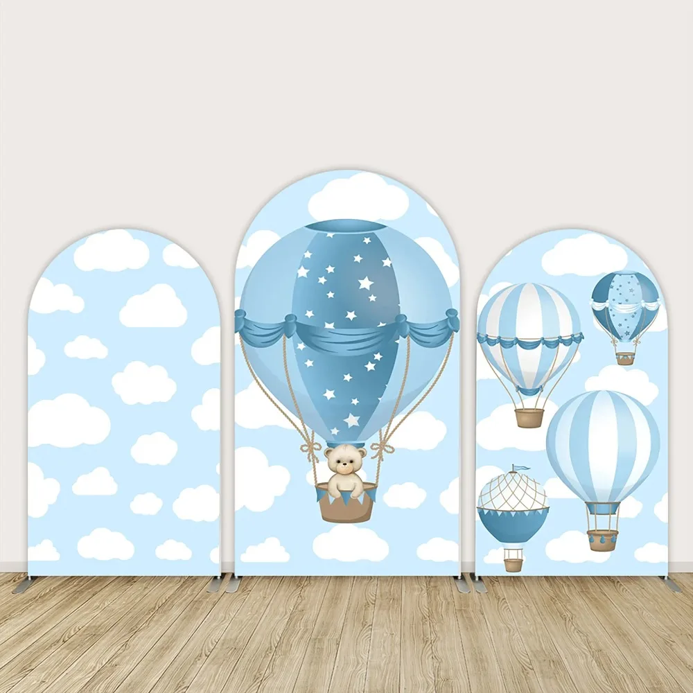 

Hot Air Balloon Baby Shower Arched Cover Backdrop Blue Clouds Newborn 1st Birthday Arch Wall Double-sided Background