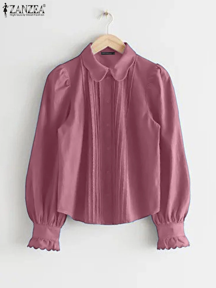 

ZANZEA, элегантные женские рубашки с длинными рукавами, однотонная блузка с пышными рукавами, Blusas Femininas, осень 2021, плиссированные топы с лацканами и пуговицами