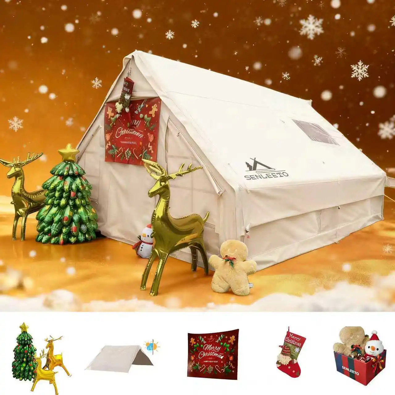 

8-10 Person Christmas Inflatable Tent for Camping, Blow Up Tent with Waterproof Canopy,Glamping Inflatable Tent with Stove Jack