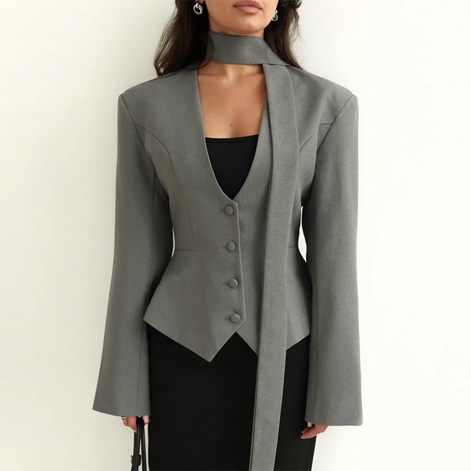 Blazer ajusté pour femmes avec écharpe cravate col en v à manches longues Patchwork veste mince élégant vêtements d'extérieur de luxe manteau de bureau taille haute S