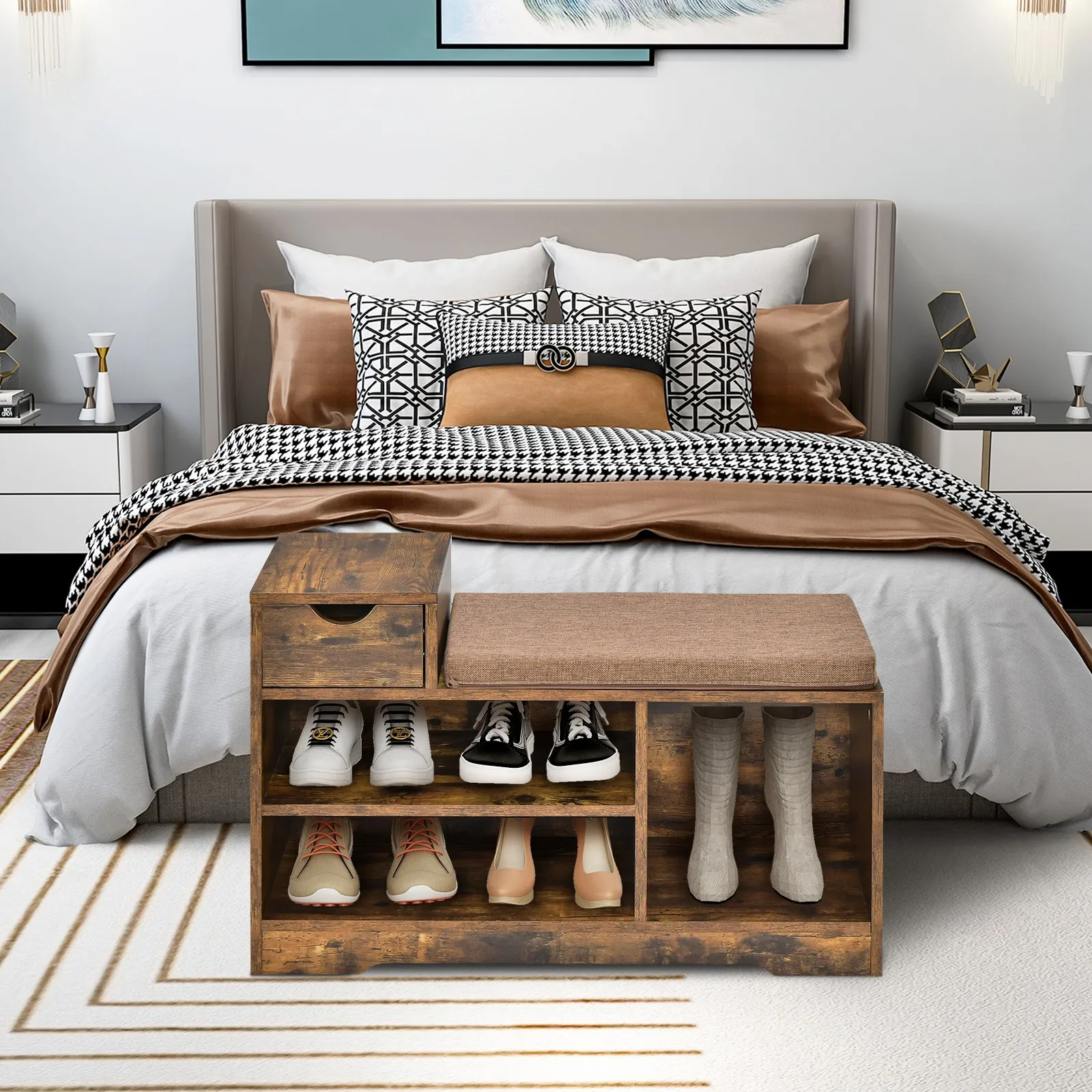 

Органайзер для обуви: 2-уровневая скамья для обуви с мягким сиденьем, тумба для хранения в прихожей, вешалка для прихожей для небольших помещений, современный дизайн