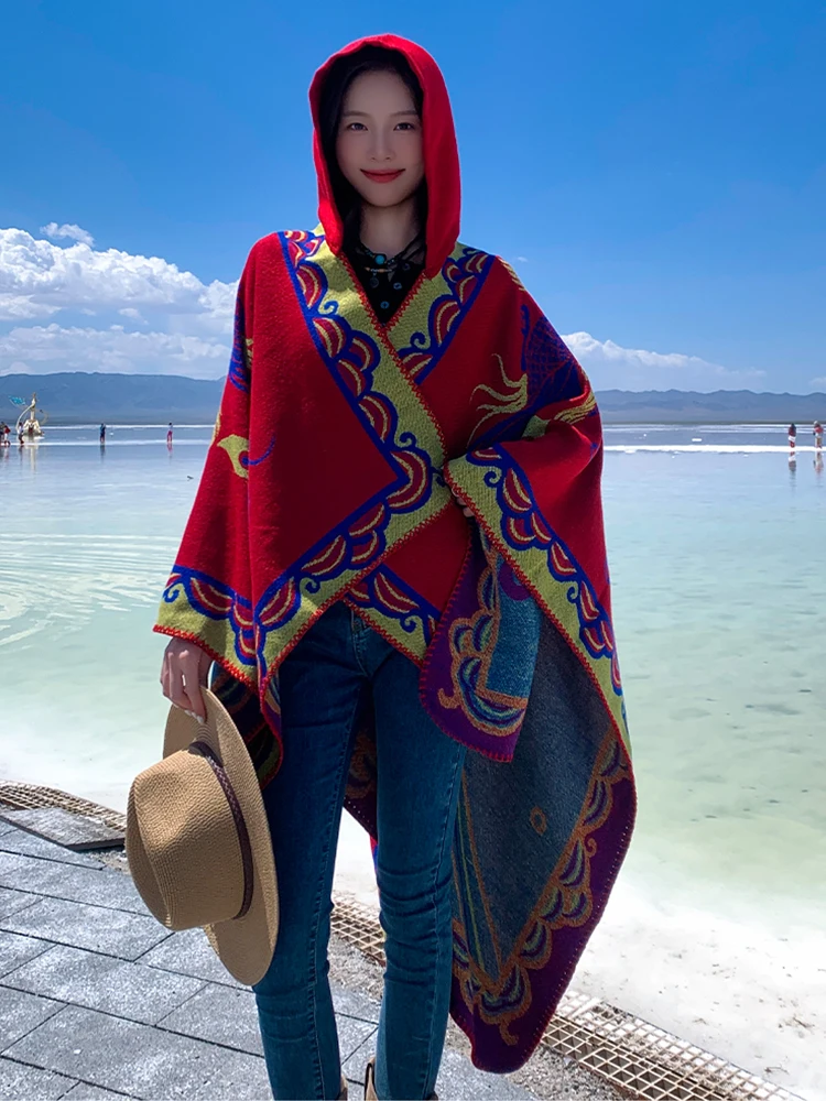 

Winter Women Scarf Layers Poncho Hooded Elegant Lady Boho Print Wraps Shawl Scarve Capa Para Mujer Pashmina Cloak Christmas New