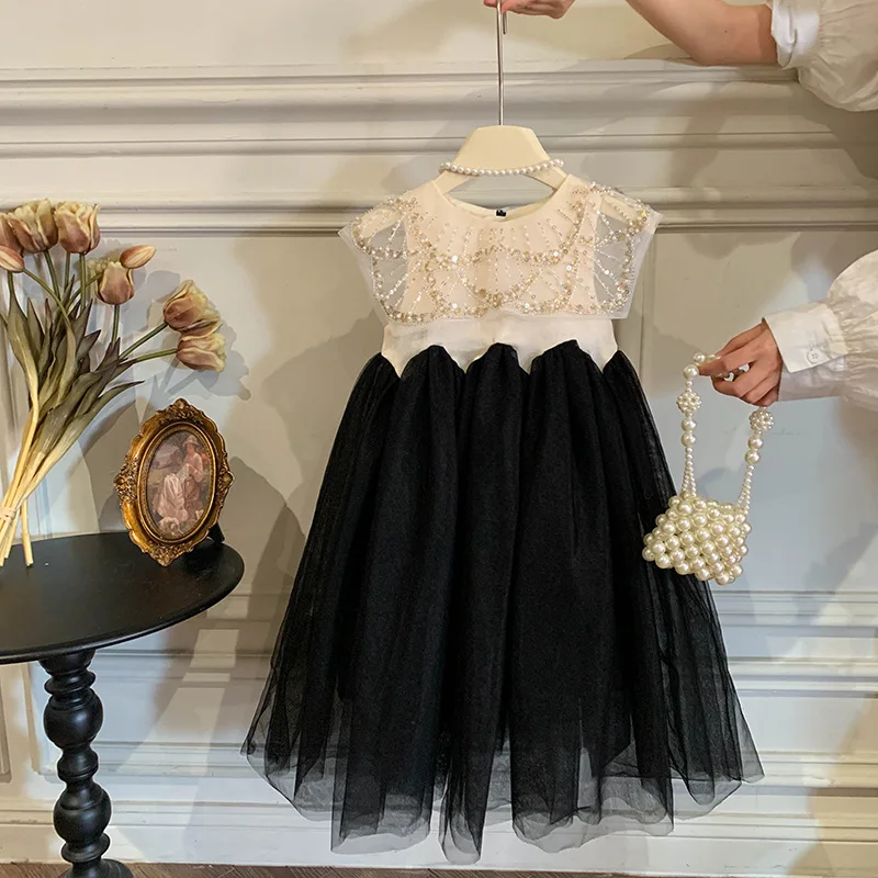 Girls\' Princess Dress Pretty 2025 Summer New Round Collar Pearls Mesh Patcwork Sleeveless Vest Skirt
