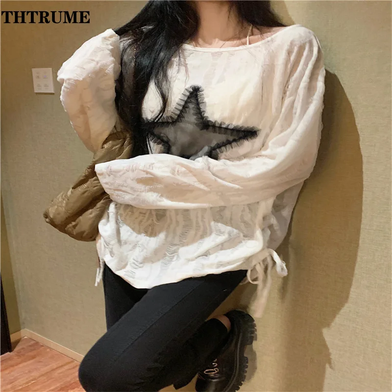 Y2K High Street Sweaters For Women Fashion Oversized Off Shoulder Streetwear Jumpers Casual Vintage Star Print Chic Pullovers