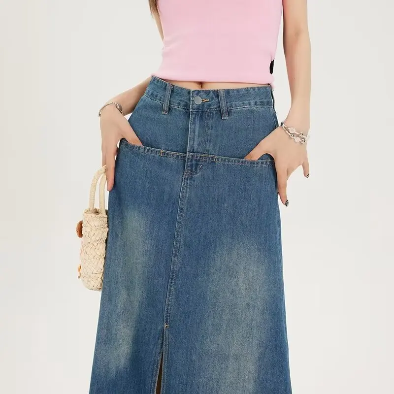 デニムスカート レディース アメリカン トレンド ダメージ加工 秋 Aライン ホットガール スリット ハイウエスト ストレート ラップ ヒップデザイン 気質 Y2K