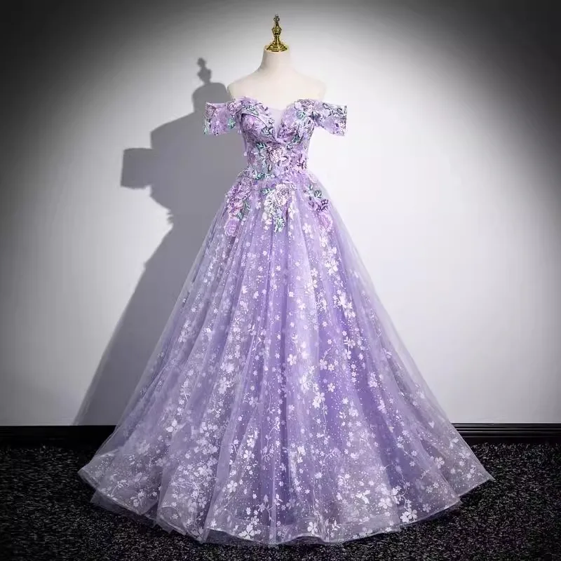 Elegant purple evening dress temperament one-shoulder solo puffy skirt student vocal music art exam annual meeting host