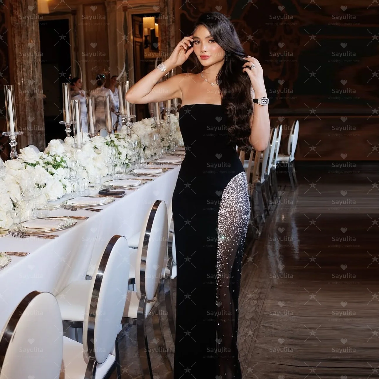 

Sayulita Черные платья для выпускного вечера на заказ, расшитые бисером, сексуальное прозрачное коктейльное платье, вечерние платья без бретелек по индивидуальному заказу