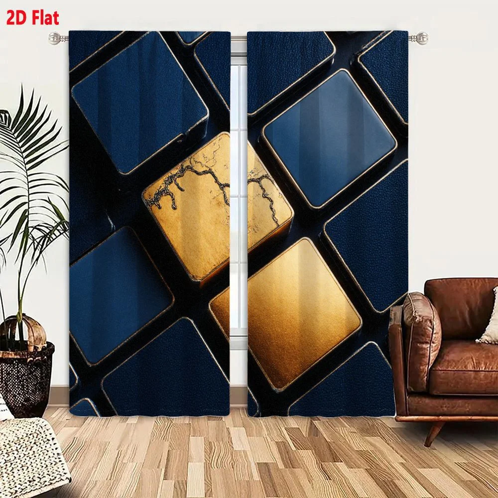 2Pcs Curtains 2D Flat Grid Of Square Tiles Buttons Deep Blue With Light Border Two Gold Tiles One Textured Aged Cracked And Dark