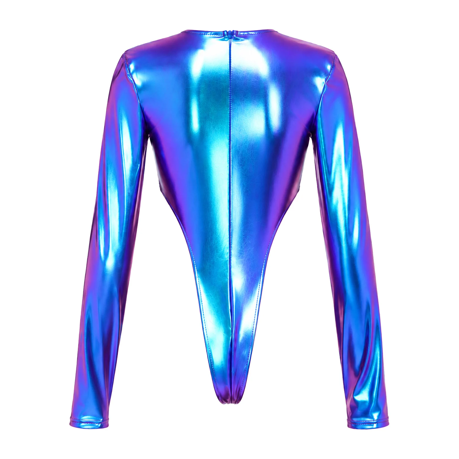Womens Metallic Bodysuit Long Sleeves Back Invisible Zipper High Waist Leotard for Clubwear Rave Party Music Festival Stage Show