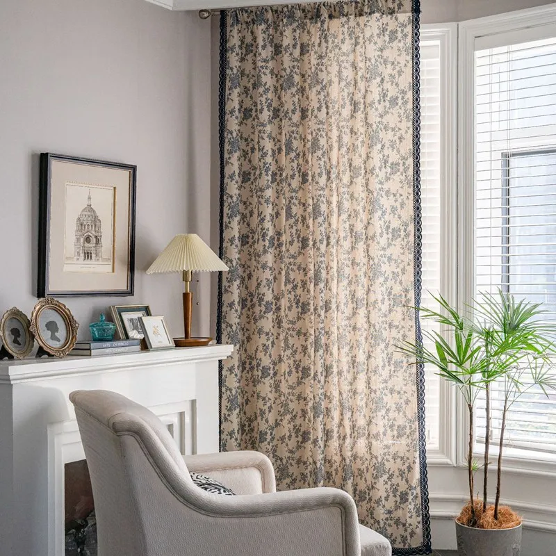 Cotton and Linen Household Life Curtains American Blue Rose Printing Window Semi-shading Bedroom Living Room Curtains