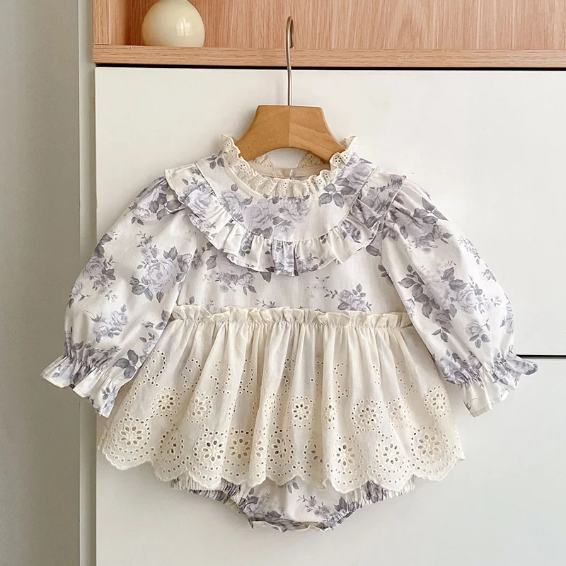 

2026 New Spring 0-24M Baby Girl Clothing Infant Baby Girls Bodysuits Long Sleeved Cotton Print Splicing Toddler Baby Jumpsuit