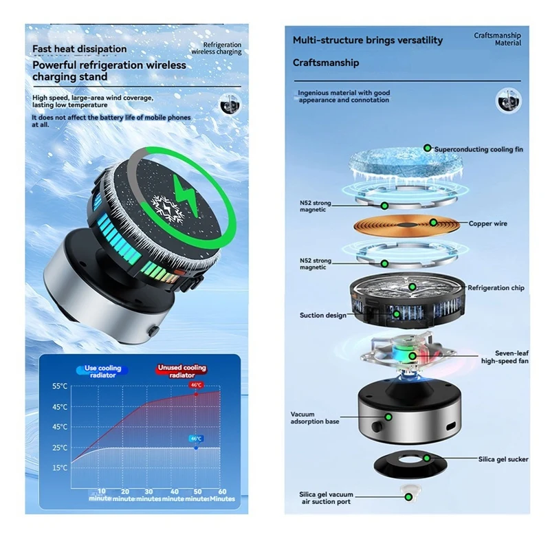 X19 Charging Car Phone Holder - Magnetic Wireless Charger With Cooling System, Vacuum Adsorption Stand