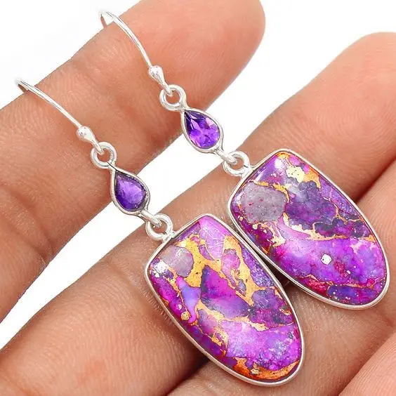 

SHXIS925 Silver Hypoallergenic Earrings, Bohemian Vintage Purple - Gold Vein Stone Drops 2025