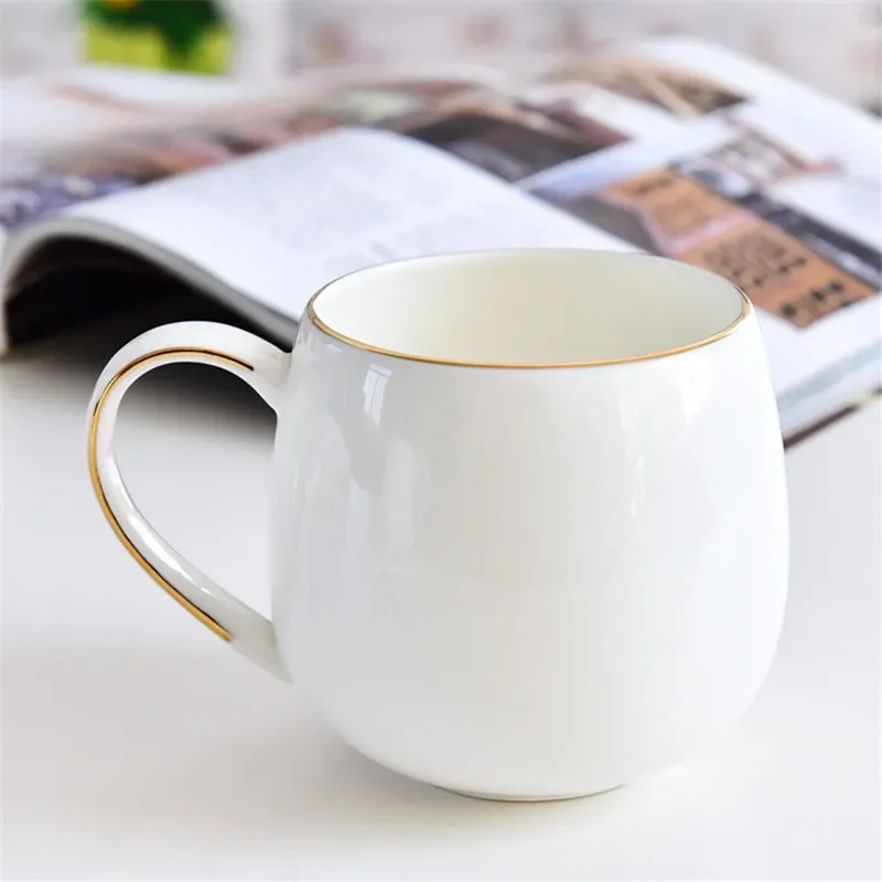 Pure White Brief Ceramic Mug, Bone China, Household Office Coffee Milk Cup with Gold Rim Mark, Drinkware Gift, Porcelain