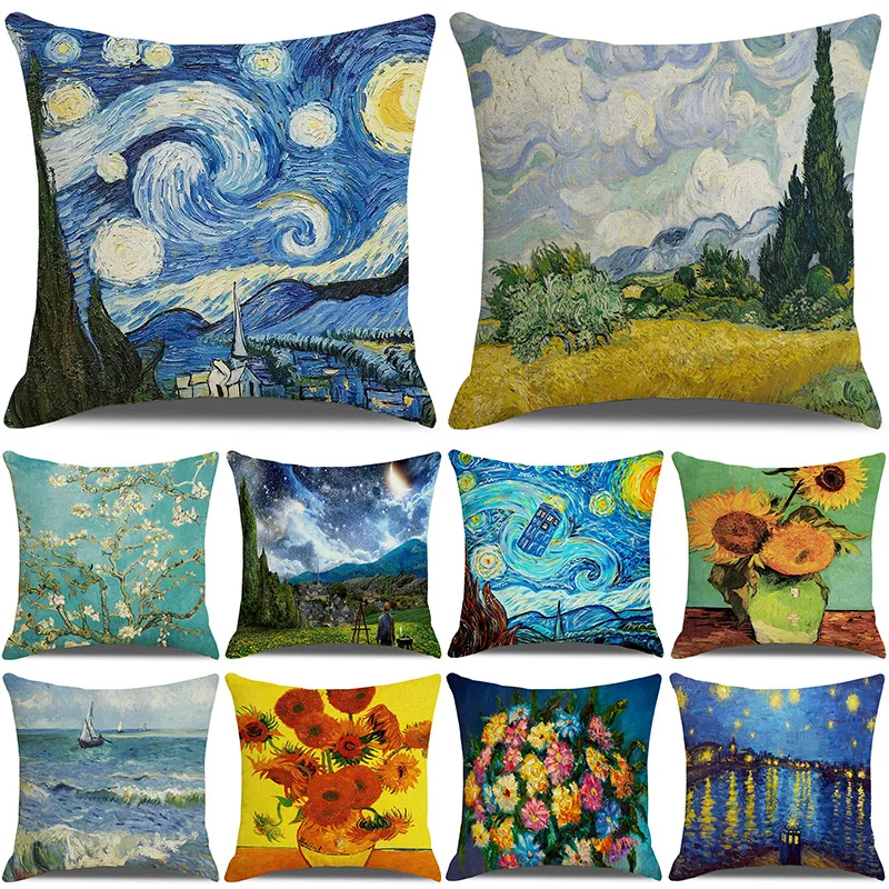 

Starry Sky Cotton Linen Pillows Case Vintage Van Gogh Oil Painting Pillowcase Decorative Cushions for Bed Home Decor 40x40cm