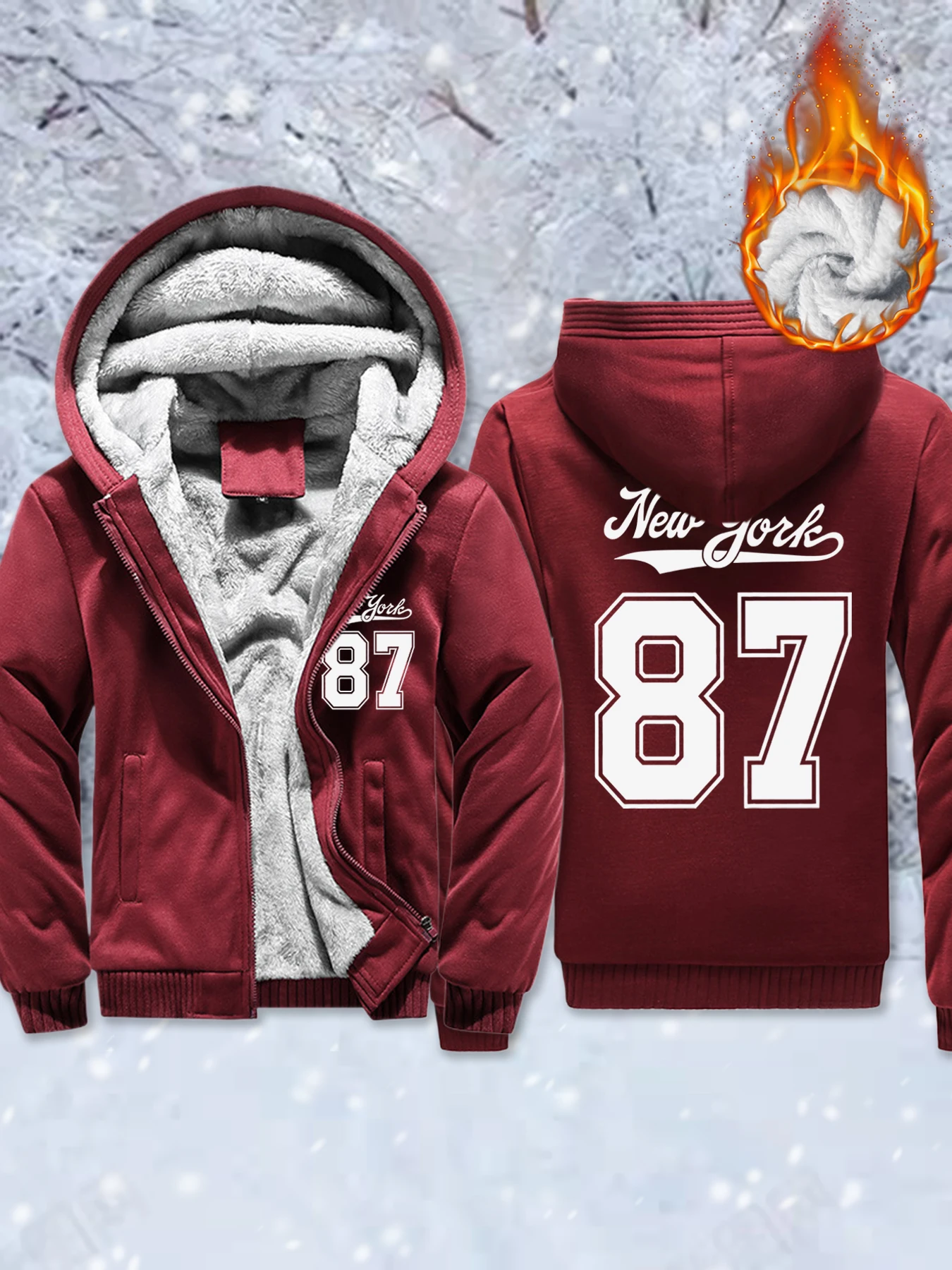 

New York Number 87 Prints Male Fleece Basic Jackets Winter Zip-Up Hoodie Thicken Warm Veste Soft Comfy Streetwear Casual Clothes