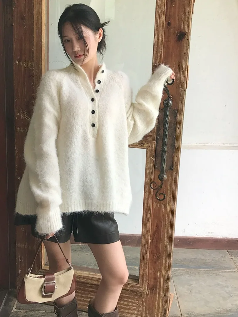 

Loose Long Sve Knitted Sweater Women's Korean Sle Stand Collar Button down Lazy Sle Outerwear Autumn New Arrival