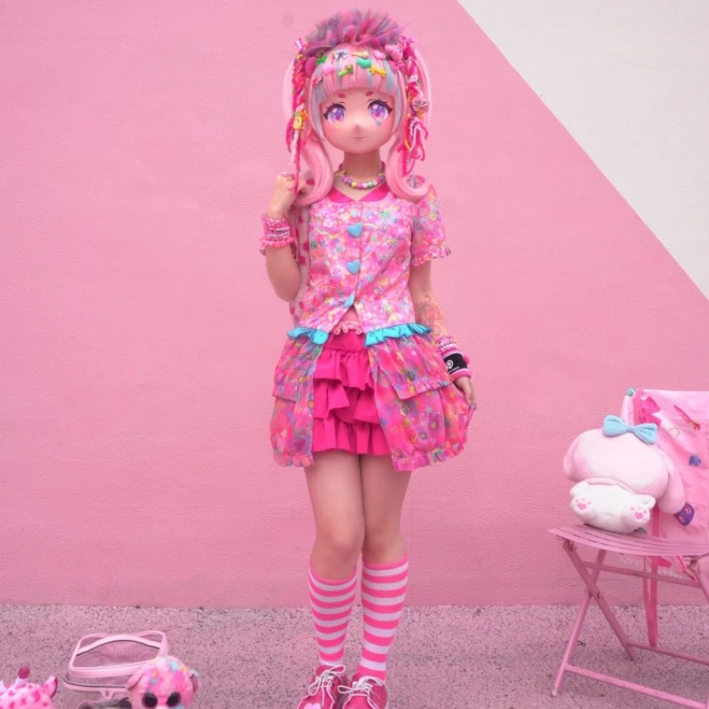 Original Design Pink Girl Sheer Splicing Women's Jacket Japanese Sweet Cool Personality Fashion Short Sleeve Shirt Coat Ladies