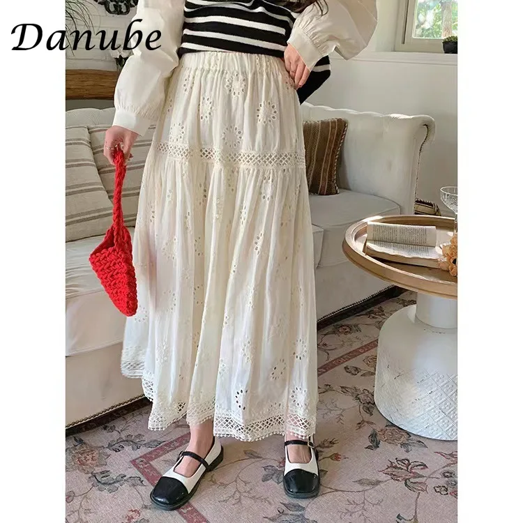 Vintage Embroidery Flower White Skirt Women Summer Elastic Waist Hollow Out Cotton Linen Long Skirts Elegant A-Line Beach Skirt