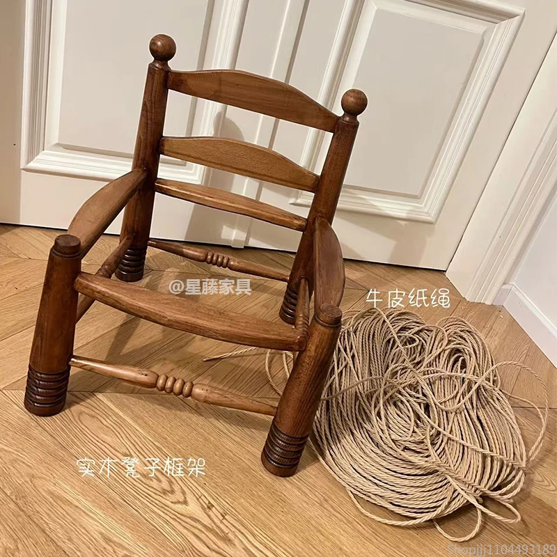 Vintage Dining Chair Household Solid Wood Braided Rope Single Rattan Braided Designer Low Stool Furniture