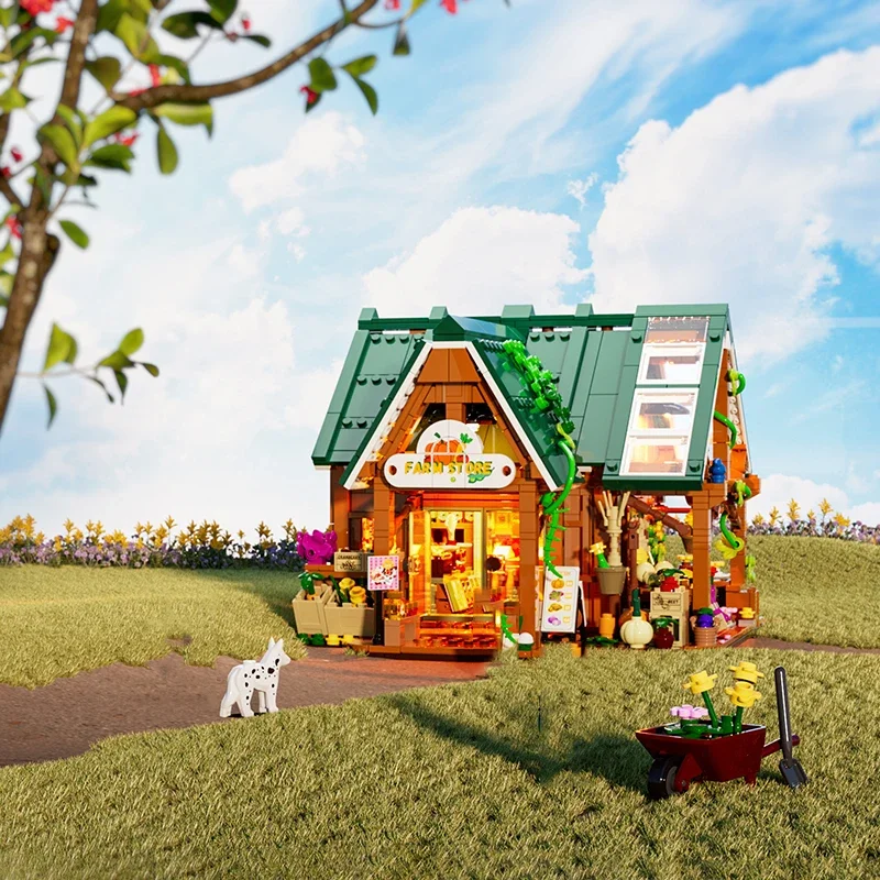 1523PCS Agricultural Product Store Building Blocks Light Street View House Model ​with 3 Figures Idea Puzzle Toys Christmas Gift