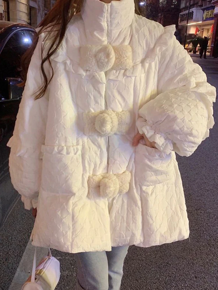 Oversized Down Jacket Women White Thick Warm Parka Female Korean Fashion Kawaii Padded Coat Ladies Winter Ruffle Cotton Jackets