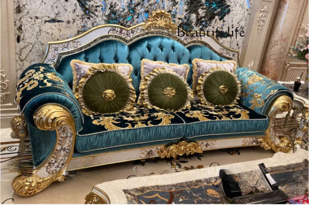 Luxury European solid wood carving flower parquet craft sofa court fabric large apartment villa designer