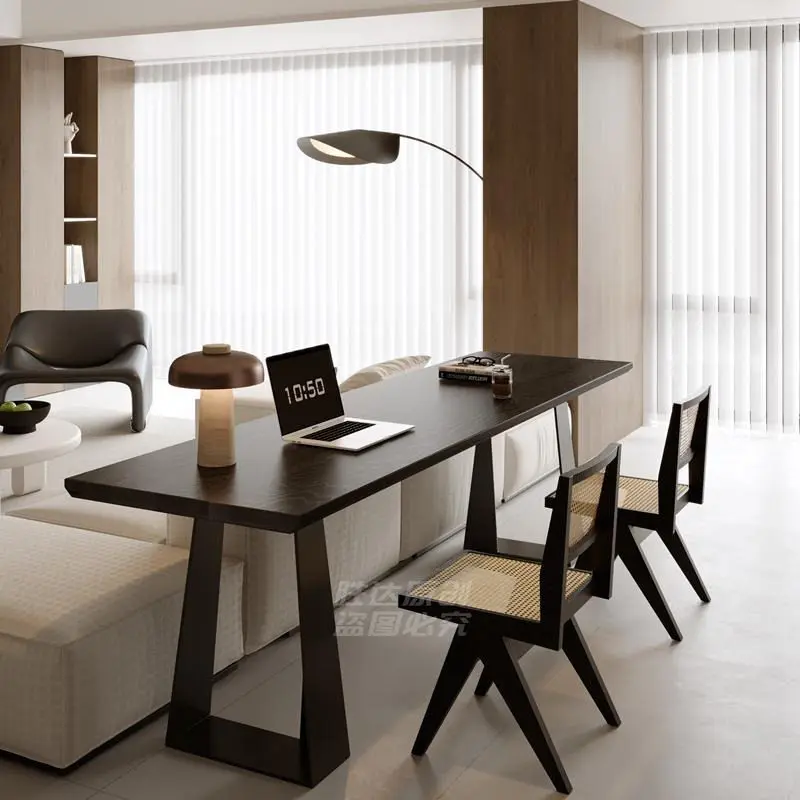 

Minimalist black solid wood desk double home living room reading table desk horizontal hall sofa back long table light luxury
