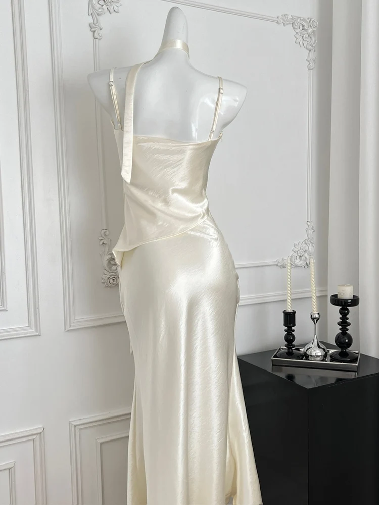 Vestido de cumpleaños de satén de seda Dr Strapl para mujer Verano Ele Sexy Rich Girl Par Dr French Sle Asimétrico...