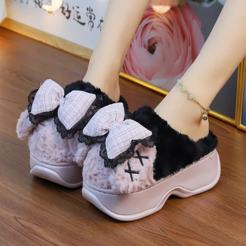 New pink bowknot gothic slippers women winter chunky slides girls harajuku shoes thick sole slipper woman fluffy high heel mules