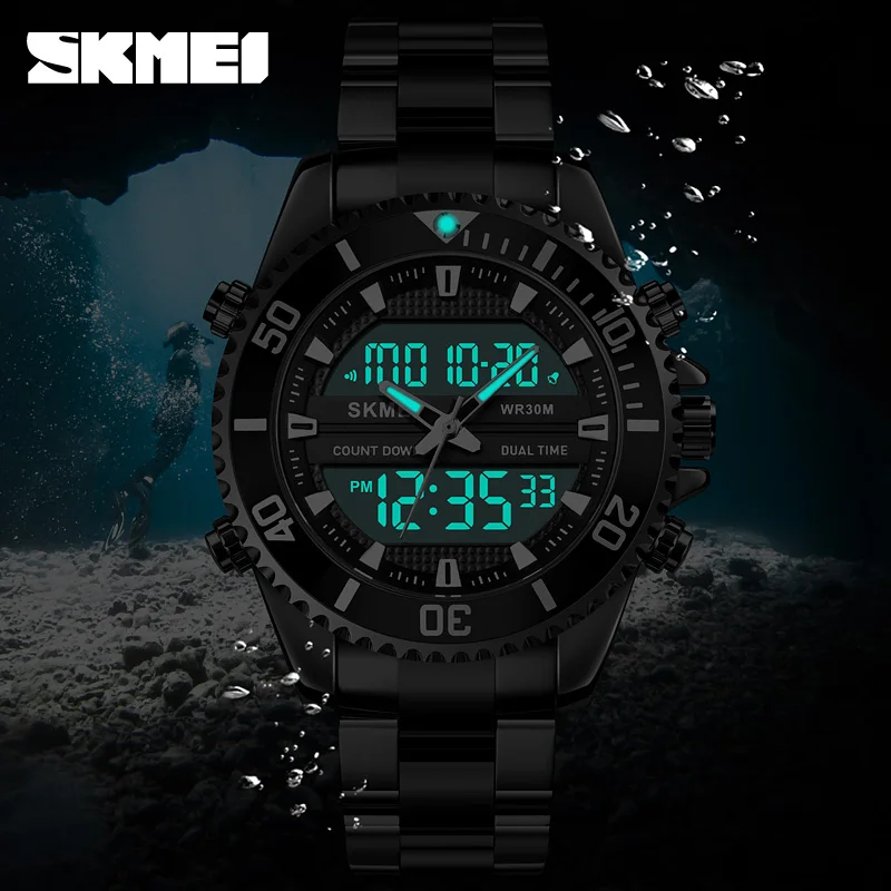 SKMEI قمة الموضة الساعات الرقمية للرجال المزدوج عرض الساعات 2 الوقت مقاوم للماء كرونو إنذار الفولاذ المقاوم للصدأ الرجال ساعة Reloj