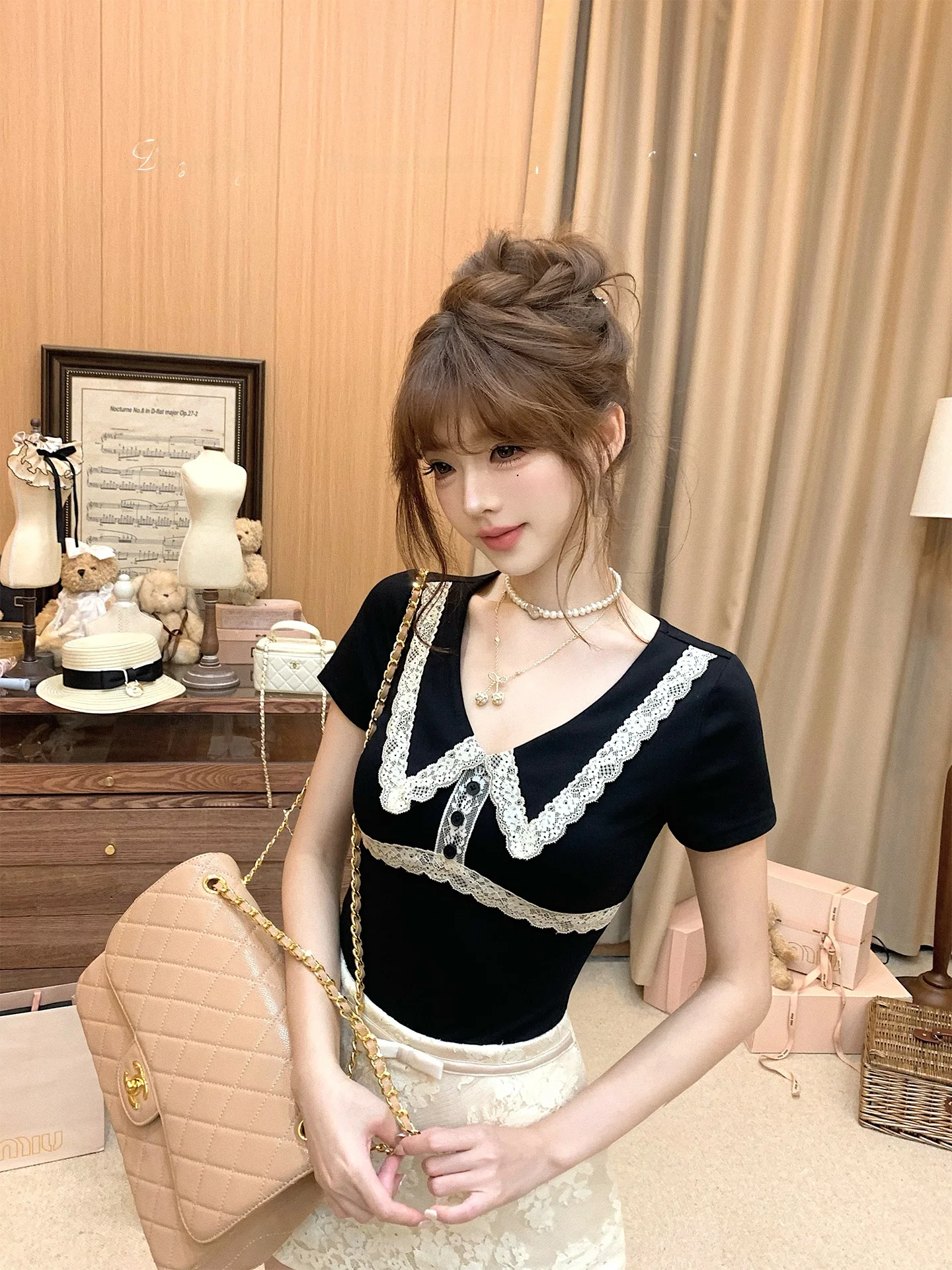 Soft Cotton Short Sleeve Lace Collar Top High Waist Sweet Style Contrast Color Block Shoulder T-Shirt for Women Lazy Didi