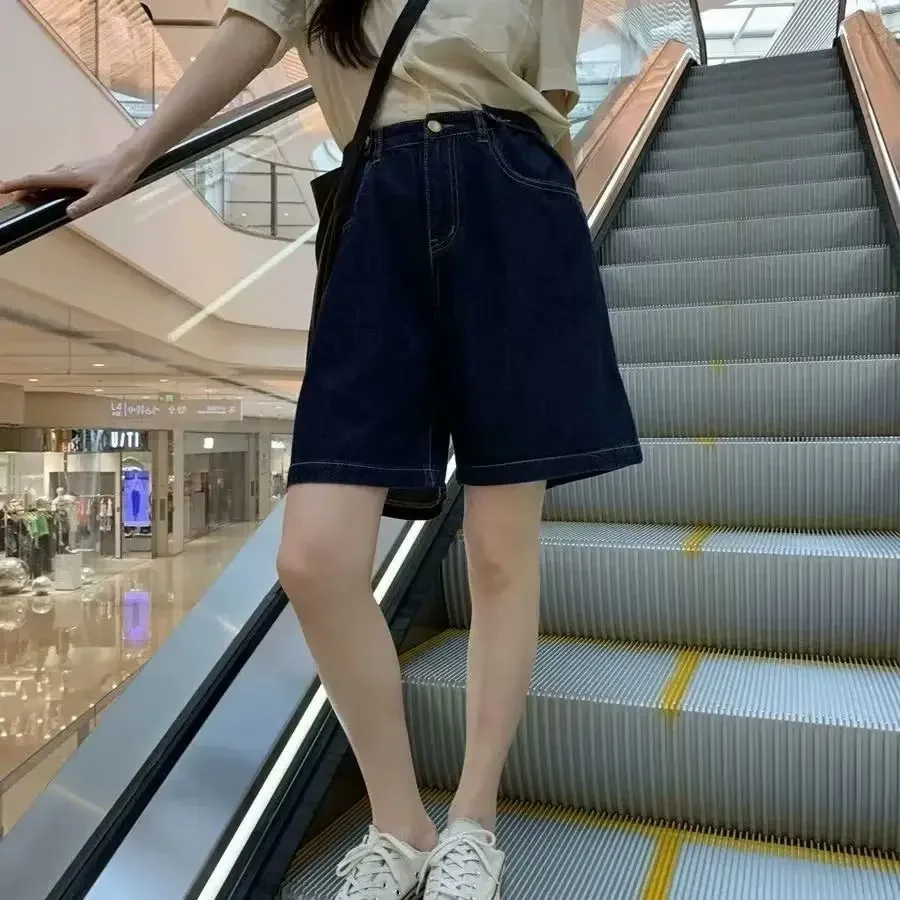 Cintura alta perna larga jeans shorts feminino verão plus size emagrecimento versátil solto ajuste a-line calças de cinco quartos forma pêra bod