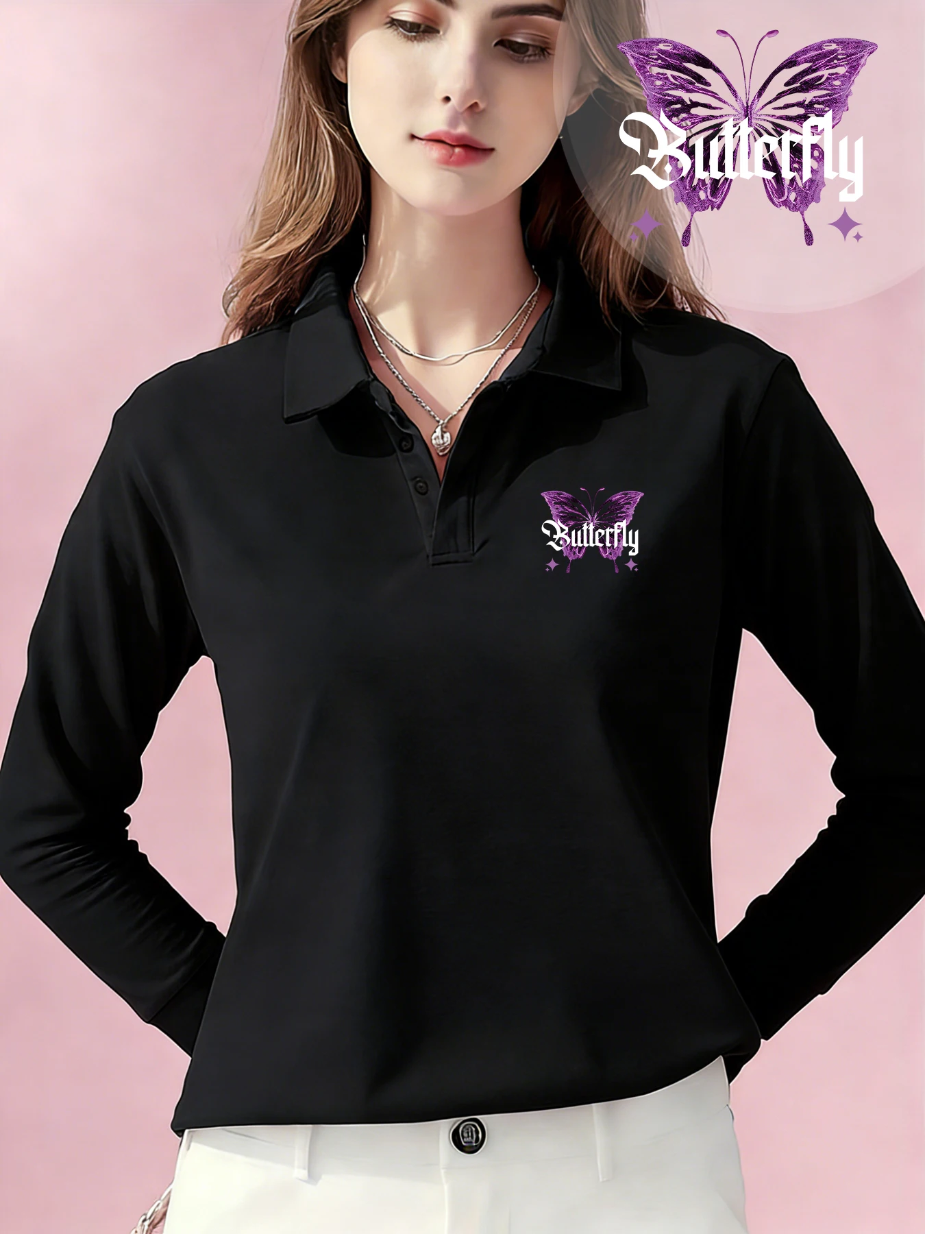 Damen Langarm-Poloshirt Orange Schmetterling-Motiv Weißer Umriss Modisch Lässige Passform Stoff Alltäglich Casual Büro Damen-Oberteil