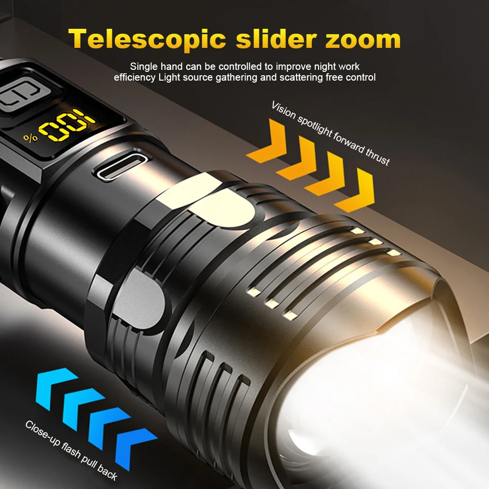 10W Strong Light Flashlight USB Charging Telescopic Focus Torch Power Display High Power Flashlight Waterproof for Power Outages