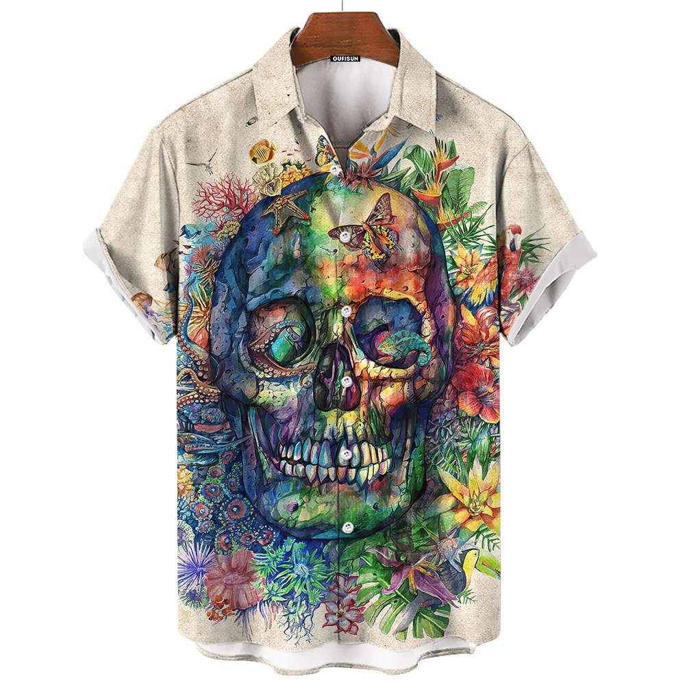 Day Of The Dead Shirt Skull Men\'s Shirts Skull Face 3d Print Short Sleeve Retro Loose Oversized Man Clothing Festival Clothing