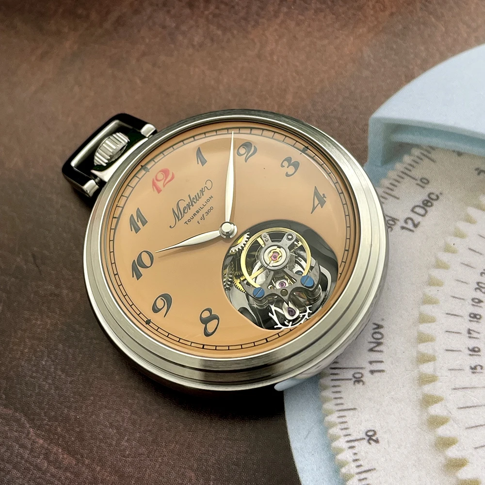 Merkur True Tourbillon นาฬิกาพ็อกเก็ตวินเทจแซลมอนเคลือบ Dial Men's Manual Mechanical นาฬิกา 42 มม.ใหม่กันน้ํา