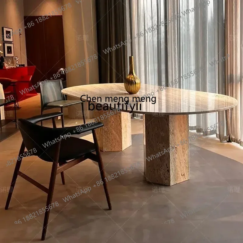 cqyNatural travertine dining table, antique square dining table, modern simple Italian minimalist light luxury wabi sabi style