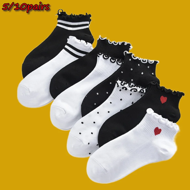 

2024 New 5/10 Pairs Chic Women Cusual White Black Cotton Socks Girls Cute Crimped Stripes Dots Heart Short Ankle Sokken Dropship