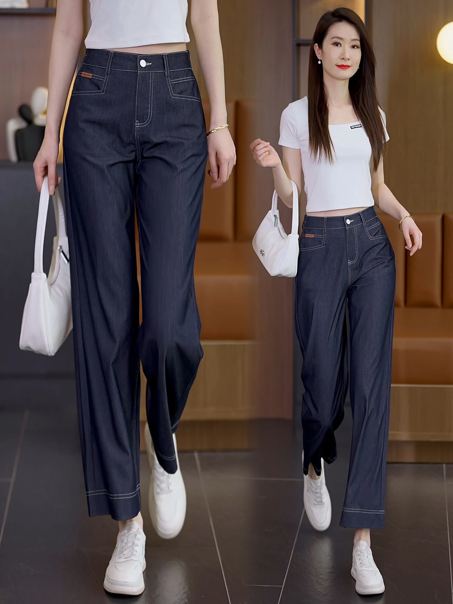  Wide Leg Jeans Women Summer Thin New Small Size High Waist Slimming Nine Points Ice Silk Straight Leg Pants Casual Style