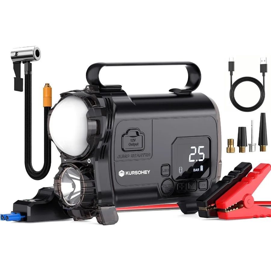 

Portable 12V Jump Starter with Air Compressor 6000A Battery Pack for 9L Gas and 7L Diesel Engines Featuring LED Light 150 PSI A