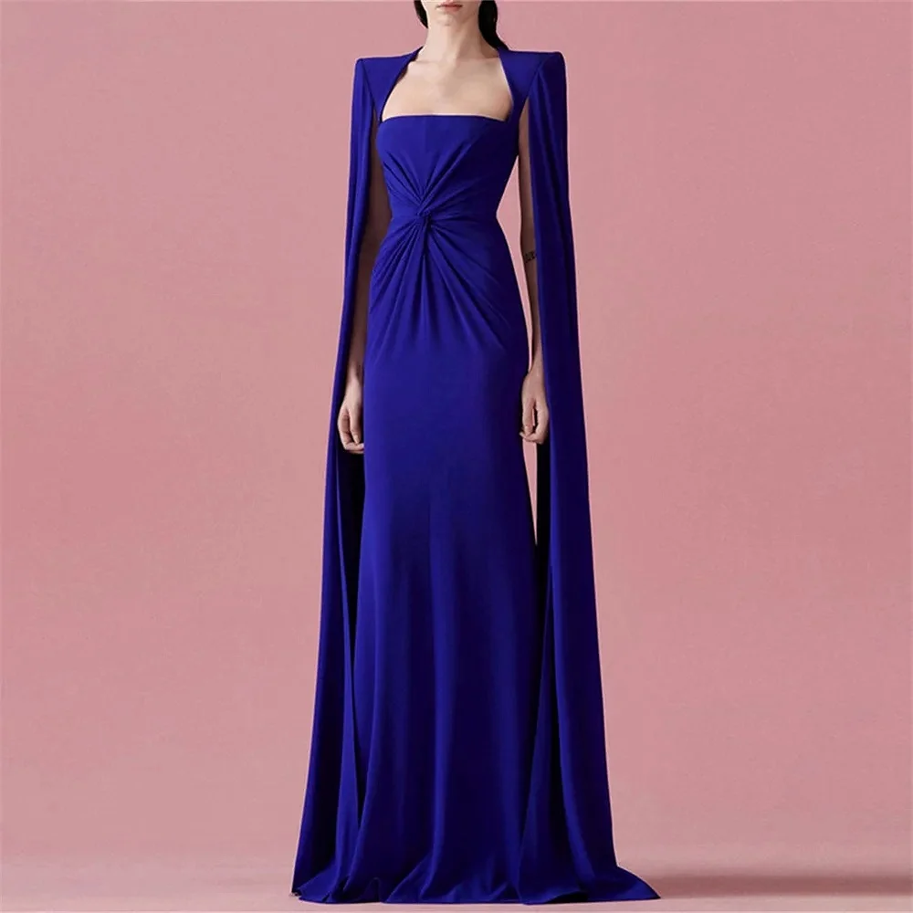 

Elegant Blue Evening Dresses Women Strapless Fashion Sleeveless Pleated Shawl Wedding Banquet Formal Party Celebrity Gown