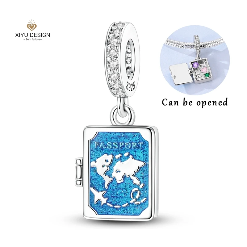 New 925 Silver Blue Travel Passport Charm Openable Pendant Fit for DIY Bracelet Necklace Women Fine Jewelry Travel Memorial Gift