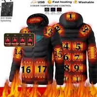 Mens 17 Zone Heated Jacket USB Rechargeable Winter Electric Heating Parka Hooded Down Coat Cold Proof Windproof Thermal Outdoor