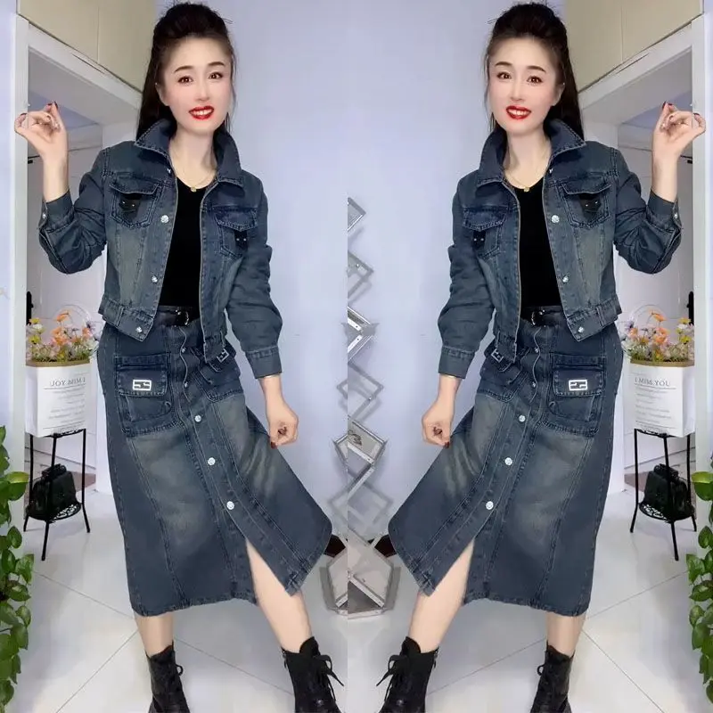 

Autumn fashion new temperament slimming denim jacket+single-breasted design middle length half skirt fashion two piece set