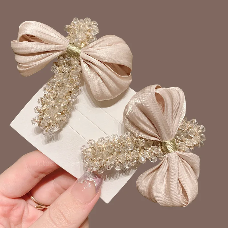 

1pc Champagne Rhinestone Bow Flat Hair Clip Korean High End Delicate Side Bangs Flyaway for Women Daily