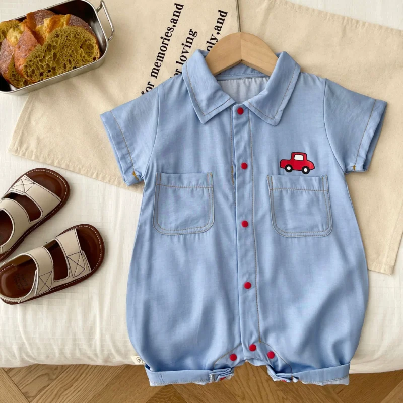 Fashion Newborn Baby Boy Summer Clothes Short Sleeve Turn Down Collar Cartoon Car Print Pocket Romper Jumpsuit Outfits 0-24M